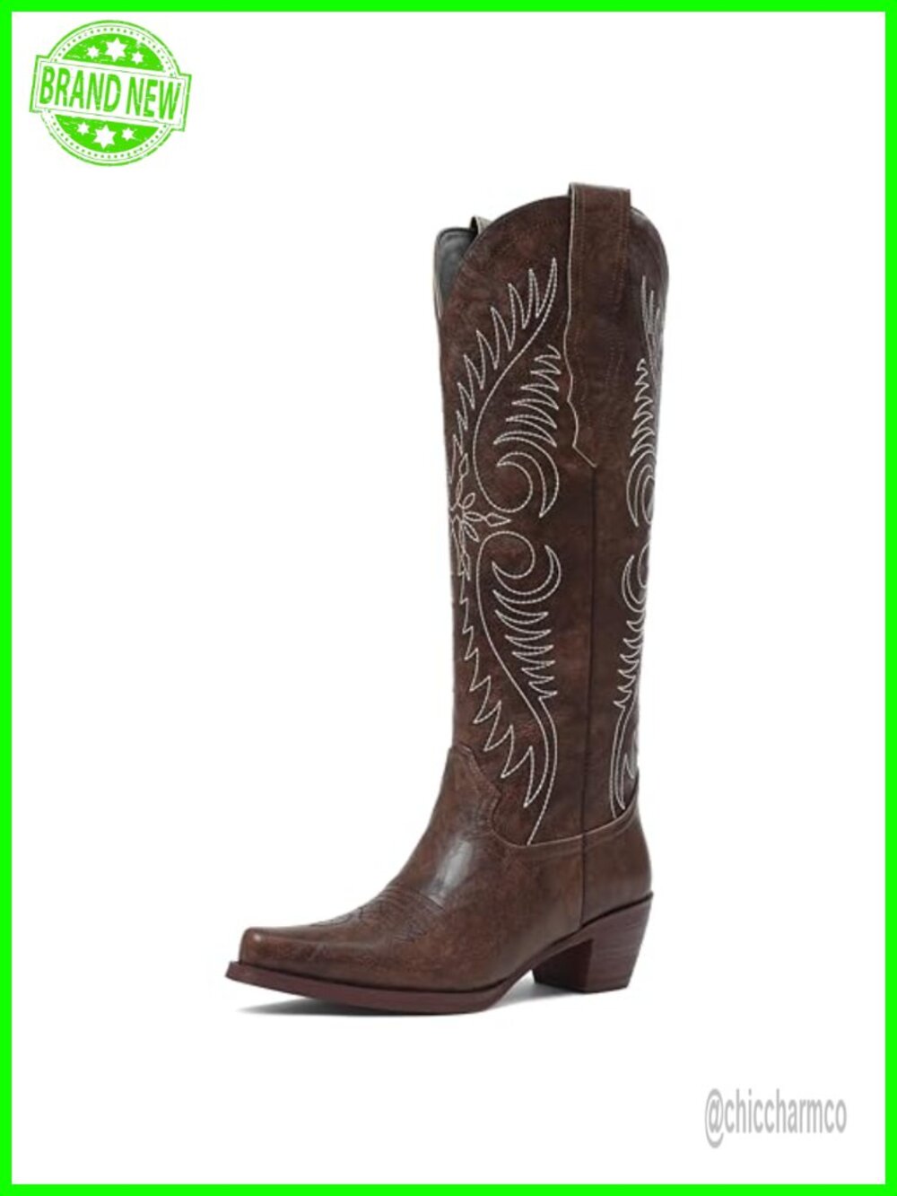Faux Leather Western Cowgirl Knee High Boots Pointed Toe Block Heel